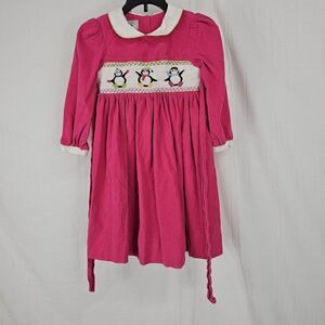 Marmellata 6 Pink Corduroy Smocked Christmas Penguin Long Sleeve Dress